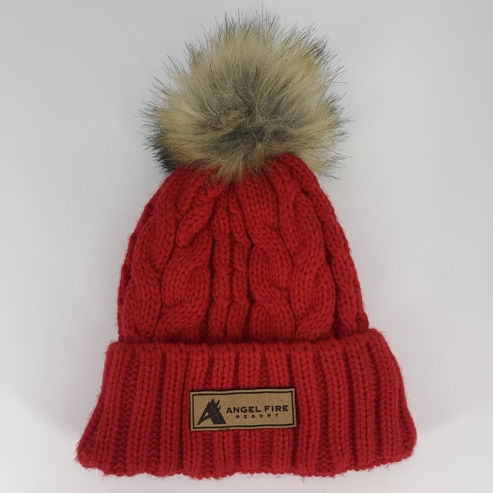 Angel Fire Resort Beanie YOUTH Locale Outdoors Faux Fur Pom Red Knit Hat Cap